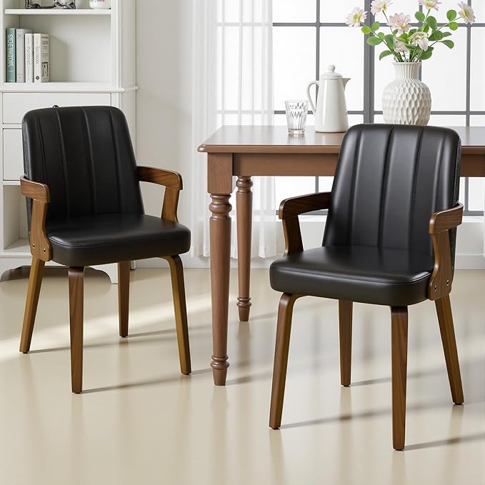 Kitchen Dining Chairs Set of 2, Faux Leather Upholstered Dining Room Chairs with Wood Arms and Legs, Mid Century Modern Kitchen Side Chair for Living, Bedroom, Restaurant, Walnut/Black