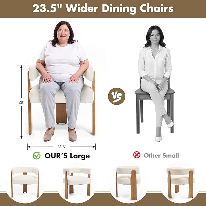 Upholstered White Velvet Dining Chairs Set of 4, Boho Modern Barrel Accent Armchairs, Thick Padded Seat & Natural Wooden Legs, Mid Century Inspired Kitchen/Dining Room Chairs, Creamy White