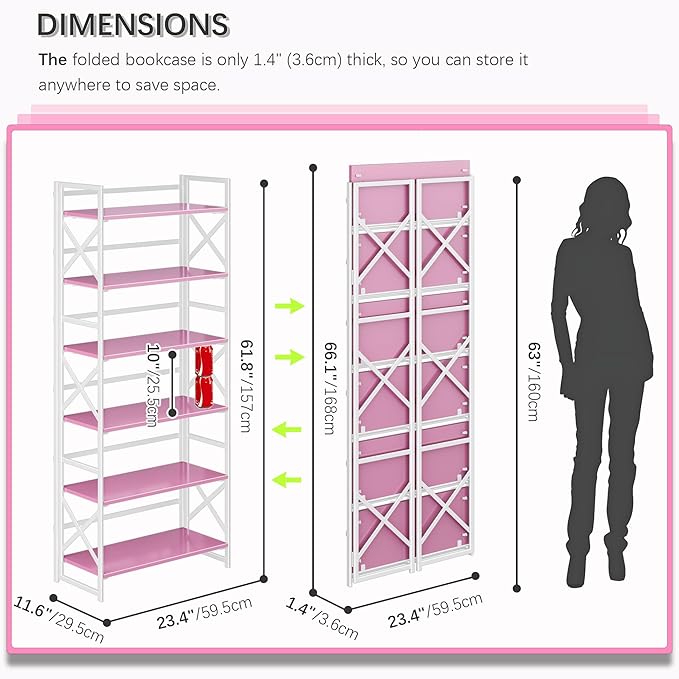 4NM 6 Tiers No Assembly Book Shelves, 61.8" H Folding Bookshelf Bookcase Open Industrial Foldable Shelves for Bedroom, Living Room, Home Office - Pink White