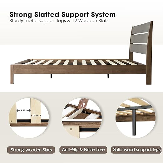 Queen Size Bed Frame with Headboard & Footboard, Solid Wood Platform Bed, Metal Legs, 12 Durable Slatted Structure, No Box Spring Needed, Anti-Slip & Noise-Free, Easy Assembly, Barnwood Finish, QIQ-30