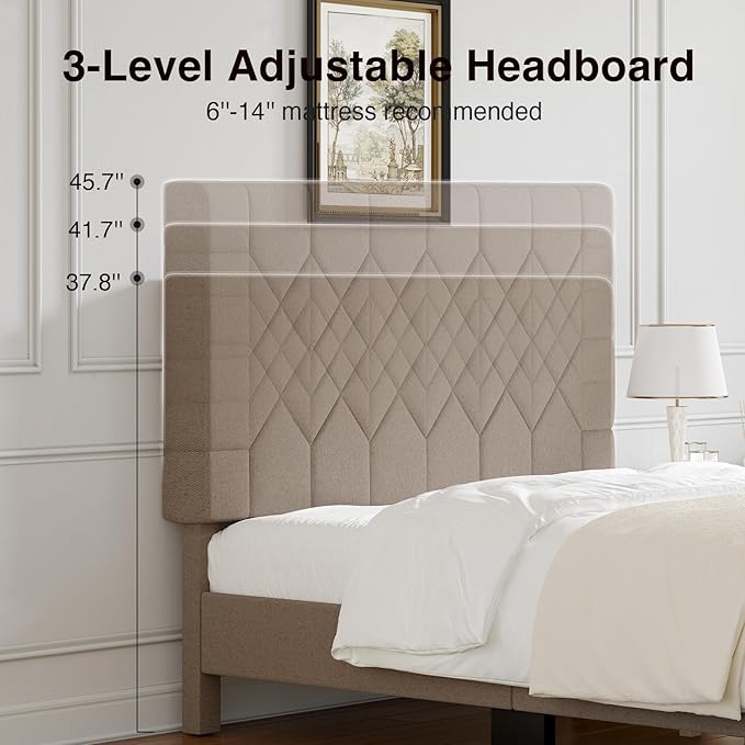 Novilla Queen Bed Frame with Headboard, Bed Frame Queen Size with Wood Slats Support, Linen Upholstered Pull-Point Headboard, No Box Spring Needed, Heavy Duty Feet, Easy Assembly, Beige