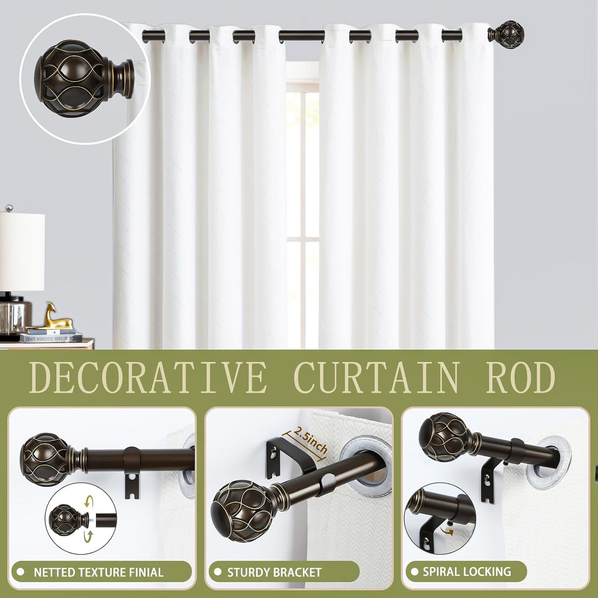 Bronze Farmhouse Curtain Rods for Windows:Heavy Duty Adjustable Curtain Rod for Bedroom Living Room,Boho Decorative Rustic Drapery Rods with Vintage Coastal Finial,Antique Bronze 2 Pack 36-88"
