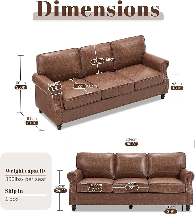 Kingfun Mid-Century Modern Couch, Faux Leather Sofa, 3 Seater Couch for Living Room with Rolled arms & Nailhead Trim, Dark Brown