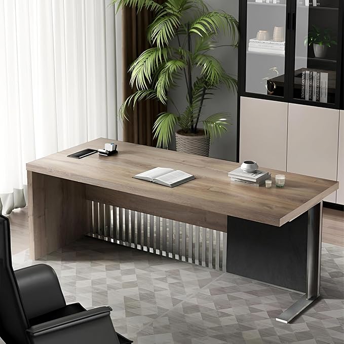70.87 Inch Modern Executive Office Desk, Computer Writing Desk for Home Office, Business Furniture Desk Workstation Stainless Steels Sturdy Frame 1.97IN Thick Desktop(Left, 70.87×35.5×30 in)