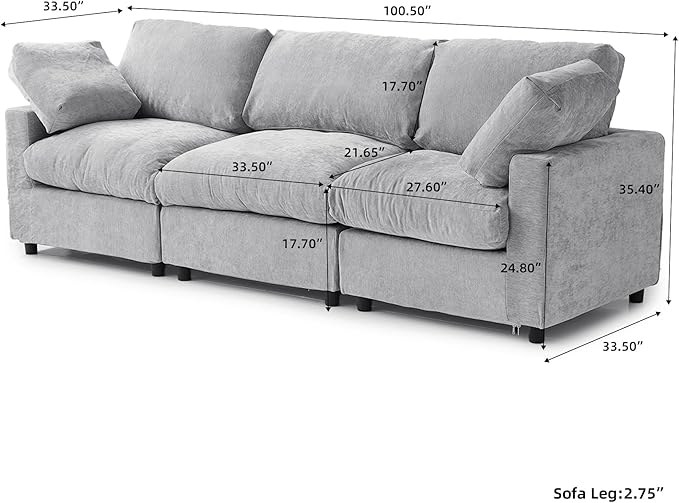 WJShome Modern Sectional Couches for Living Room,100 Inch 3-Seater Chenille Deep Seat Modular Sofa, Cloud Couch for Bedroom and Apartment，Gray