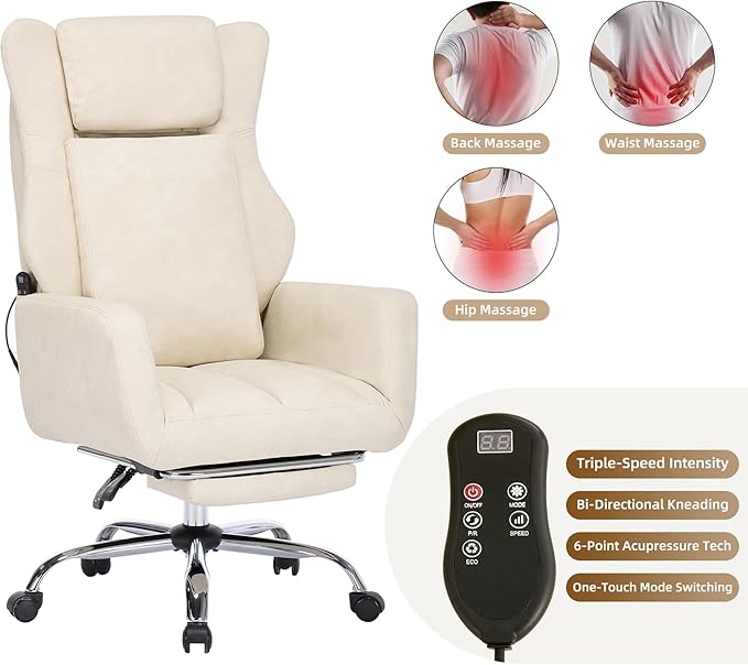 DYHOME Executive Office Chair with Massage and Footrest Heavy Duty Task Desk Swivel Ergonomic Chairs with Lumbar Support Wheels Flip-up Arms Adjustable Height,Leather Beige Computer Gaming Chairs