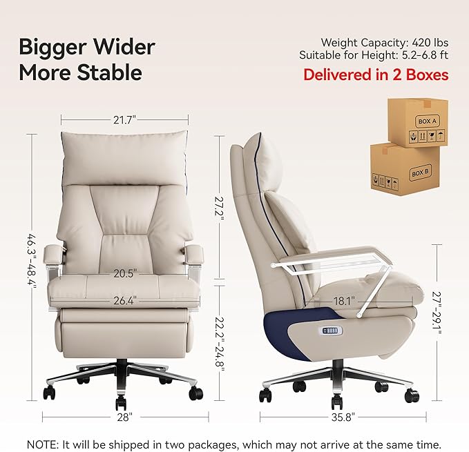 M80A Dual Motor Electric Executive Office Chair with Footrest, Comfortable Reclining Office Chair Wide Seat, Big and Tall Ergonomic Leather Home Office Desk Chair (Beige,Multi-Functionality)