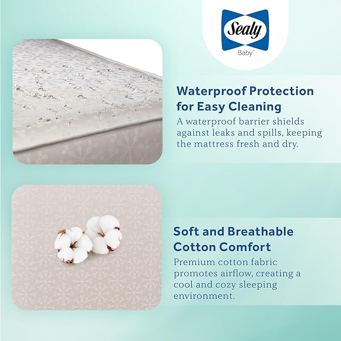 Sealy Baby Flex Cool 2 Stage Breathable Crib Mattress with Toddler Bed Fit, Waterproof & Airy Cotton Cover, 204 Premium Coils, GREENGUARD Gold Certified, Safety & Quality Tested, Made in USA, 52x28"