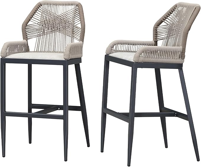 PURPLE LEAF 2 Pieces Bar Stools Patio Modern Rattan Barstools Aluminum Woven Tall Bar Chairs with Cushions for Outdoor Kitchen Island Garden