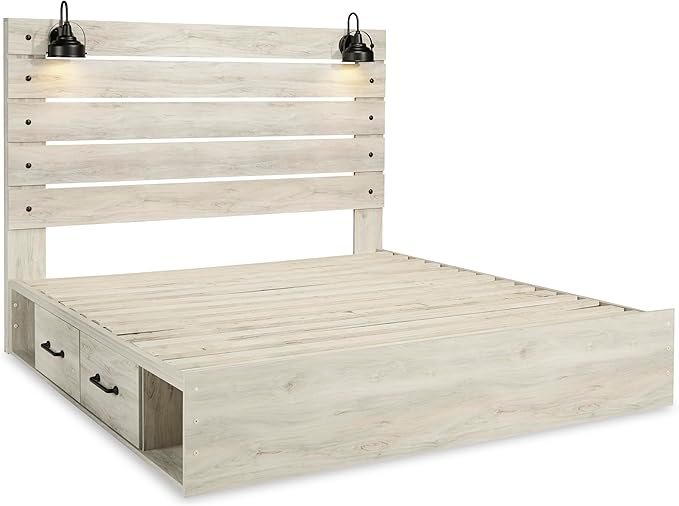 Signature Design by Ashley Cambeck Farmhouse King Panel Platform Bed with 4 Storage Drawers, Cubbies, Sconce Lights and USB Ports, Foundation or Box Spring Not Needed, Whitewash