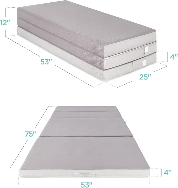 Best Choice Products 4in Portable Full-Size Mattress, Tri-Fold Mattress for Camping, Guest, Toddler, Foam Plush w/Carry Case - Grey