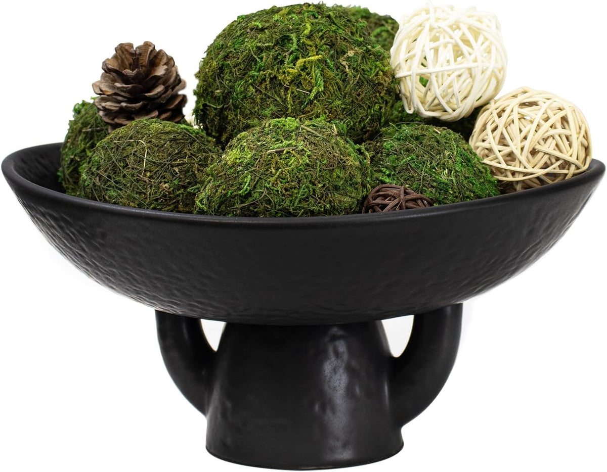 NAHARO Elegant Black Ceramic Bowl with Moss Ball Set-10 Decorative Bowl with 16pc Decorative Balls for Farmhouse Table Centerpiece, Living Room or Home Decor