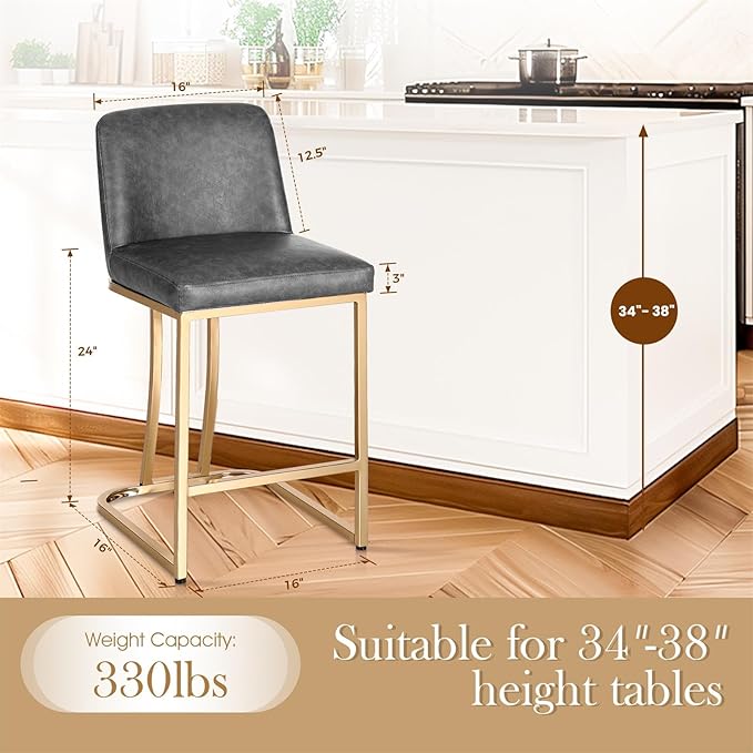 Sophia & William Counter Height Bar Stools Set of 3, Modern PU Leather Kitchen Island Stools,Gold Polished Bar Chairs,Grey & Gold