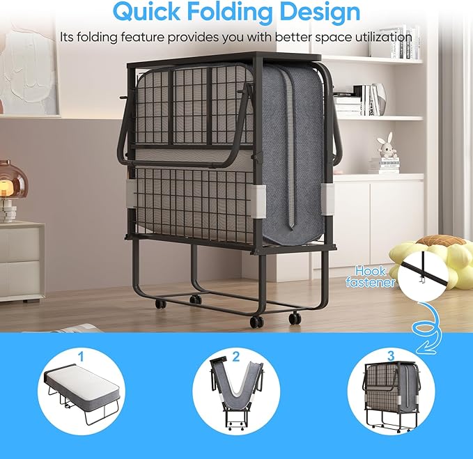 Mjkone Folding Bed with Mattress, Rollaway Bed for Adults with Headborad & Dustproof Bag, 5 Inch Portable Fold Up Bed for Guests with Casters, Foldable Frame, Space Saving for Bedroom（75" x 46"）