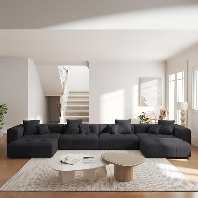 JACH 183.5 Inch U-Shaped Modular Sectional Sofas, Modern 4-Seater Couch with Chaise Ottomans, Mid Century Modern Sectional Couches, Cozy Sleeper Sofa for Living Room (Linen Fabric, Black)