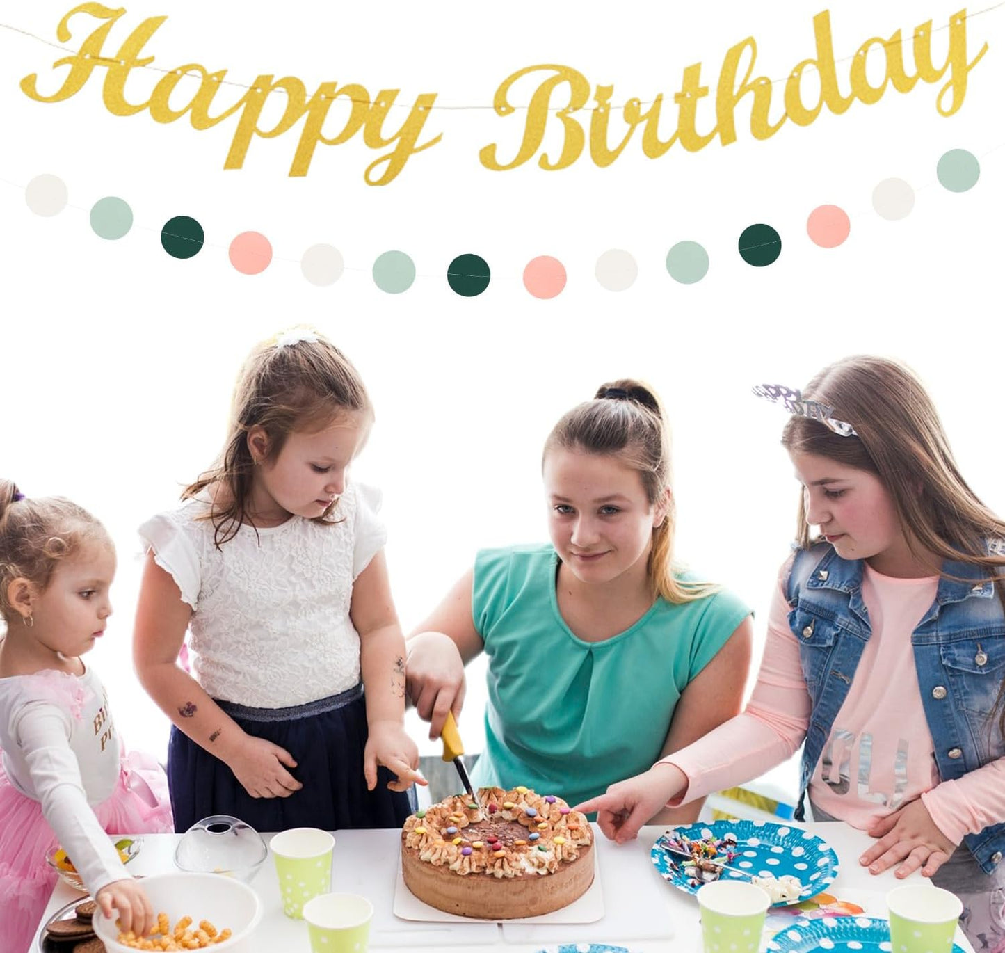 Sage-Green Pink Birthday Party-Decorations Paper-Flowers - 14pcs Happy Banner Spring Lanterns Tissue Pom Poms,Boho Streamers Garland Fans,Neutral Rustic Garden Office Hanging Supplies Decor Hugfond