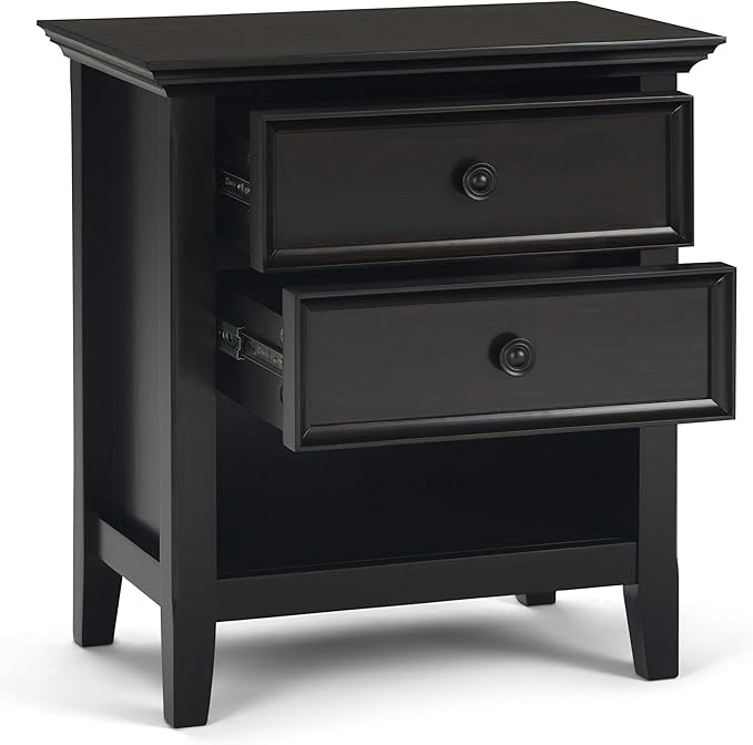 SIMPLIHOME Amherst Bedside Table - 24 inch Wide Solid Wood Nightstand Table in Hickory Brown, Transitional Bedroom Side or End Table with 2 Drawers, Open Storage Shelf and Bronze Hardware