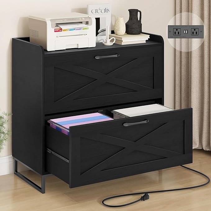 Lateral File Cabinet with Charging Station, 2 Drawer File Cabinet for Letter/Legal/A4 Size Hanging Files, Large Wood File Storage Cabinets Printer Stand for Home Office, Black