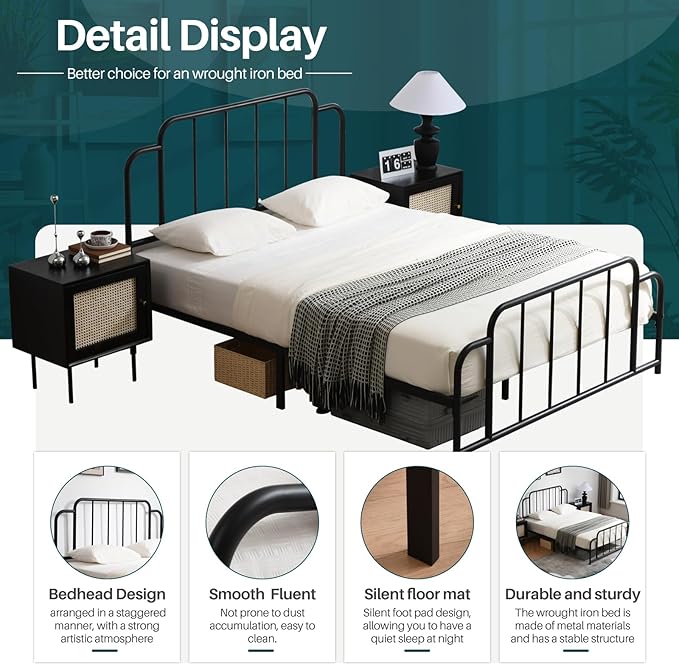 PINJU Metal Platform Bed Frame with Headboard and Footboard, Classic Style, Sturdy Metal Slats, No Box Spring Needed, Easy Installation (Black, Queen)