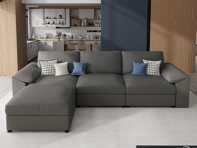 EASE MOOSE Leather Sectional Couch, Oversized Modular Sectional Sofas, Wide Deep Seat Modular Couch, Scratch Resistant Faux Leather Material, L Shaped Sofa for Big Spaces, Grey
