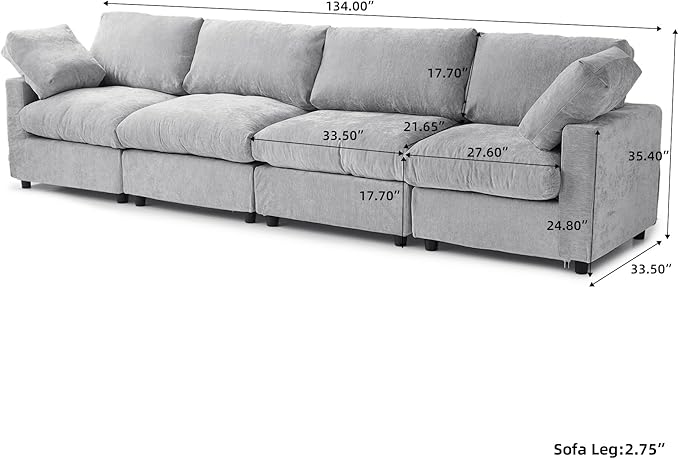 WJShome Modern Sectional Sofa 134 Inch 4-Seater Cloud Couch with Chenille Deep Seat Couches for Living Room, Bedroom and Apartment，Gray