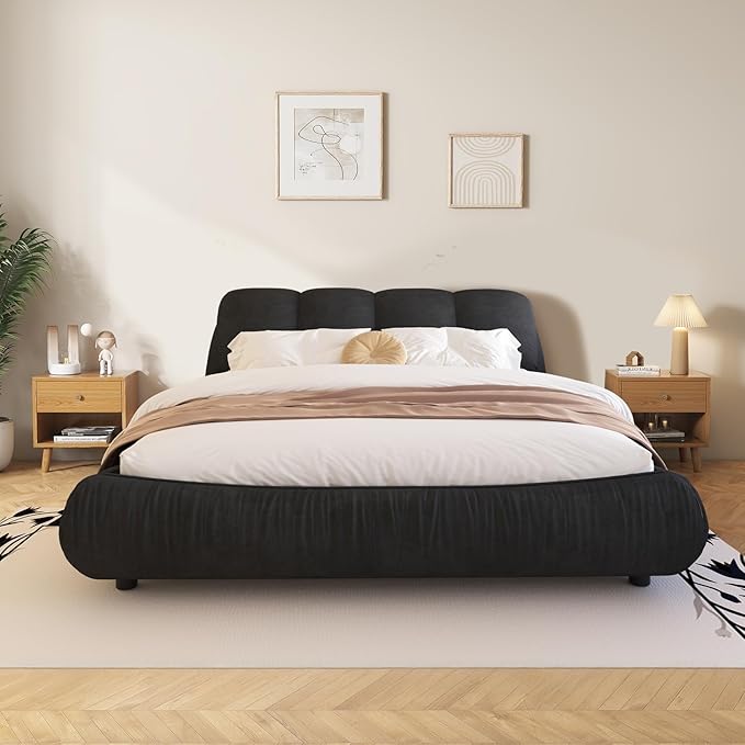 King Size Upholstered Platform Bed with Oversized Padded Backrest and Solid Wood Frame for Bedroom, Apartment Room, Black