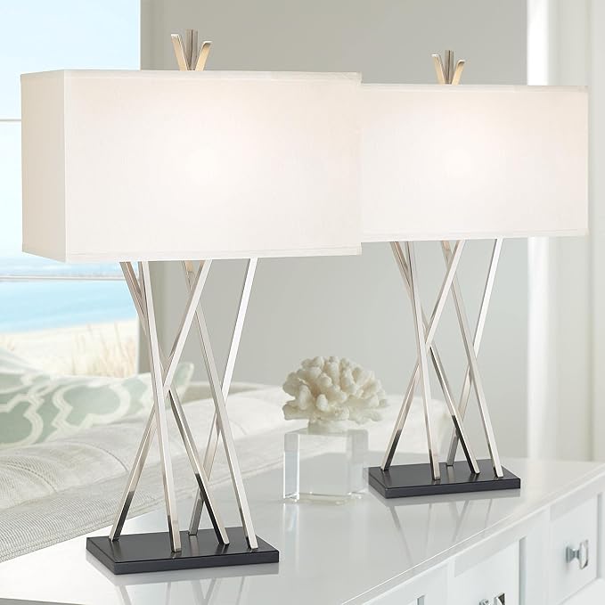 Possini Euro Design Asymmetry 30" Tall Large Modern End Table Lamps Set of 2 Silver Brushed Steel Finish Metal Linen White Shade Living Room Bedroom Bedside Nightstand House Office Home Reading