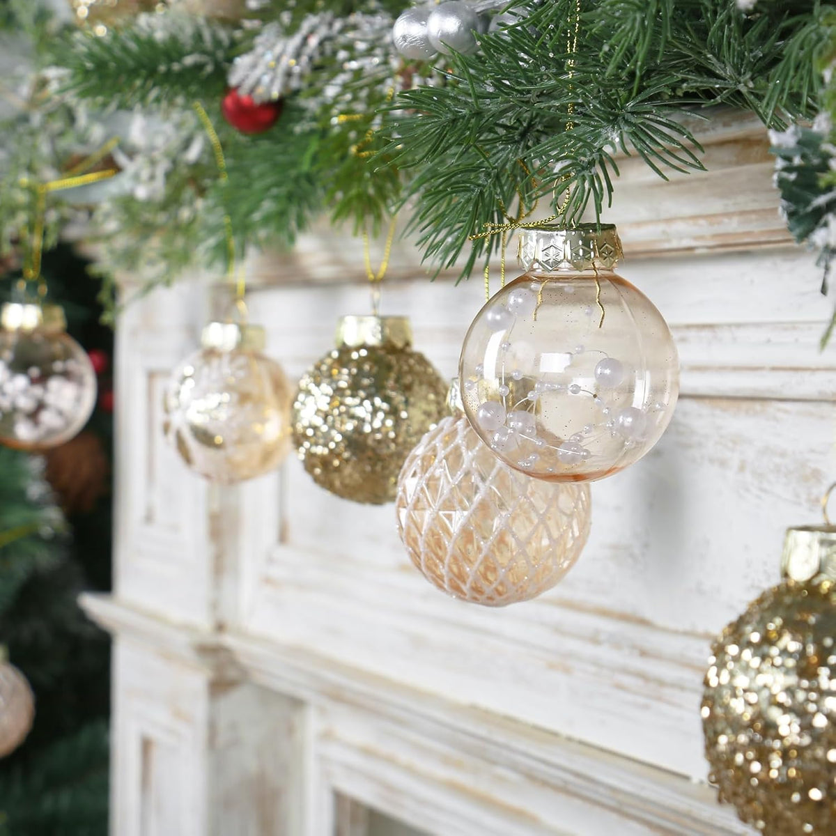 25PCS Christmas Ornaments Set, 2.36"/6CM Clear Plastic Shatterproof Christmas Ball Hanging Ornaments for Xmas Tree Decorations, for Indoor Home Party Holiday Decor - White/Champagne