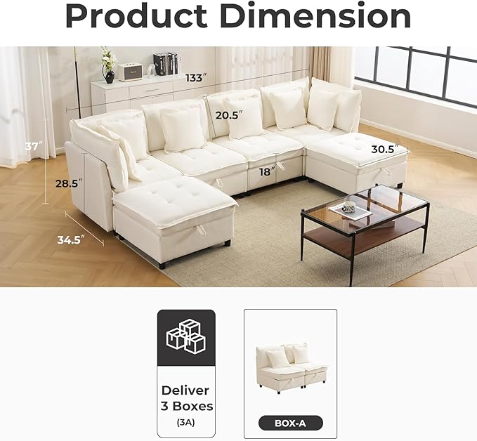 133" Modular Sectional Sofa, Comfy Cloud Couch Sectional Sofa with Large Storage, Chenille Sofa Sleeper Deep Seat Sofa with Throw Pillows for Living Room, U Shaped Sofa, White