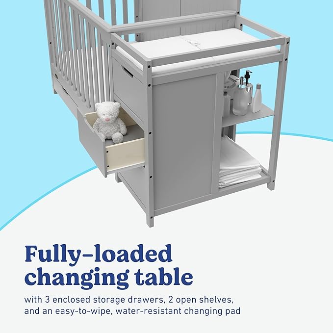 Graco Hadley 5-in-1 Convertible Crib & Changer (Pebble Gray) – GREENGUARD Gold Certified, Fits Standard Crib Mattress, Converts to Toddler Bed and Full Bed, 4 Adjustable Mattress Heights