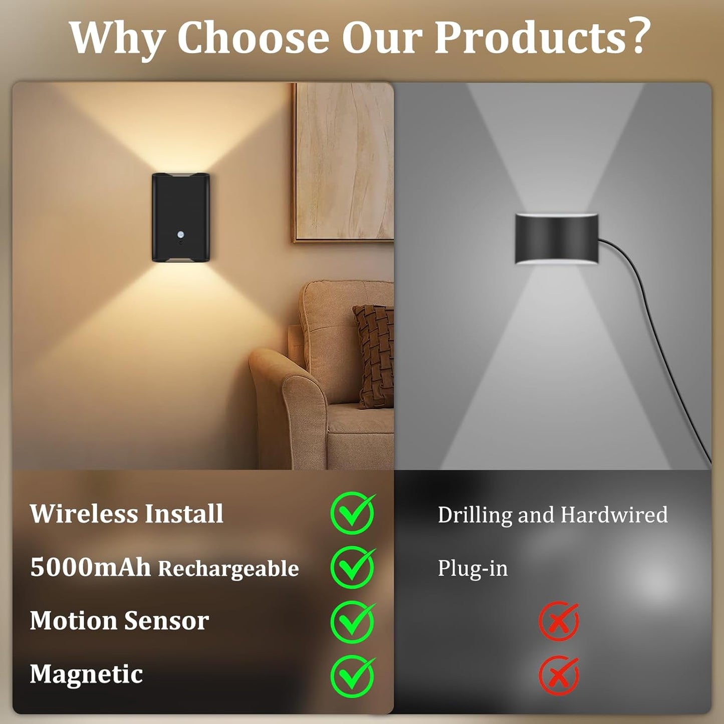 Eneru Rechargeable Motion Sensor Night Light: 5000mAh Black Battery Operated Wall Sconce with Remote Control, 3 Colors Wireless Stair Lights Indoor, Magnetic LED Night Lamp for Bedroom Hallway Closet
