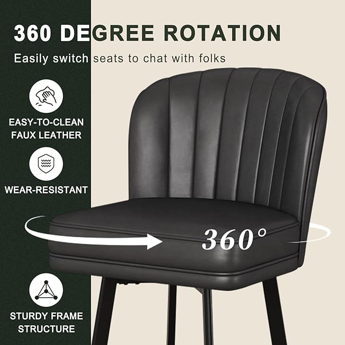 Swivel Counter Height Bar Stools Set of 2, 30'' Modern Barstools with Backs and Metal Legs, Upholstered Bar Chairs, Faux Leather Black Stools for Kitchen Island Chairs