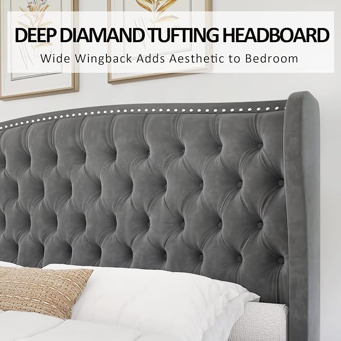AMERLIFE King Size Platform Bed Frame, Velvet Upholstered Bed with Deep Button Tufted & Nailhead Trim Wingback Headboard/No Box Spring Needed/Grey