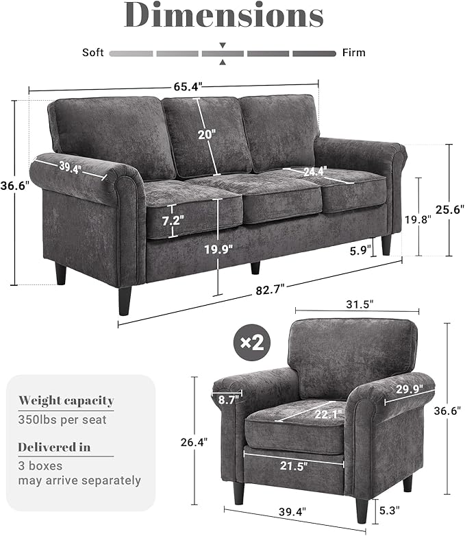Kingfun 3 Seater Couch, Mid Century Modern Sofa Set with Rolled Arms and Deep Seats, Fluffy Comfort for Living Room, Apartment, Easy Assembly, Gray