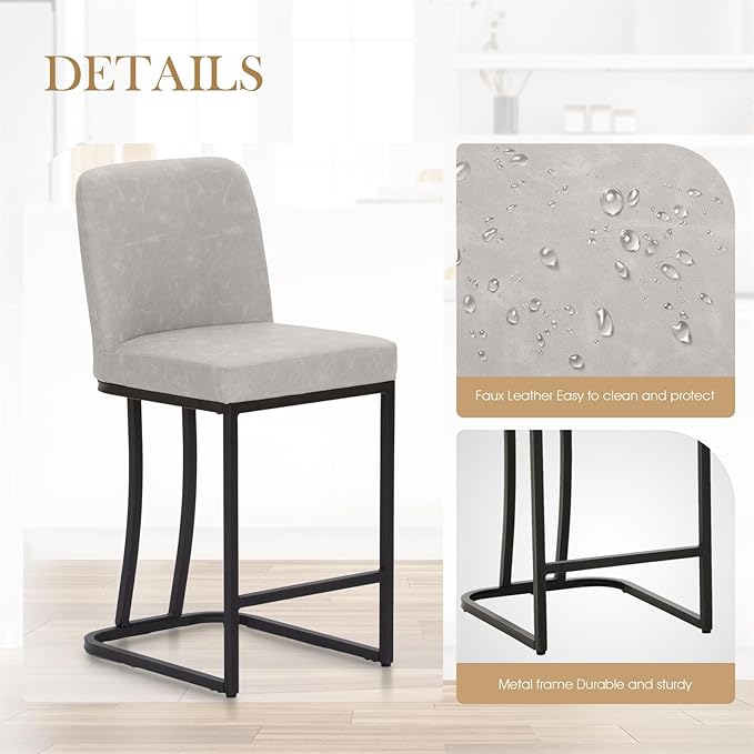 Sophia & William Bar Stools, Counter Height 24" Counter Stools for Kitchen Island, Modern PU Leather Bar Stools with Backrest,Light Grey,1PC