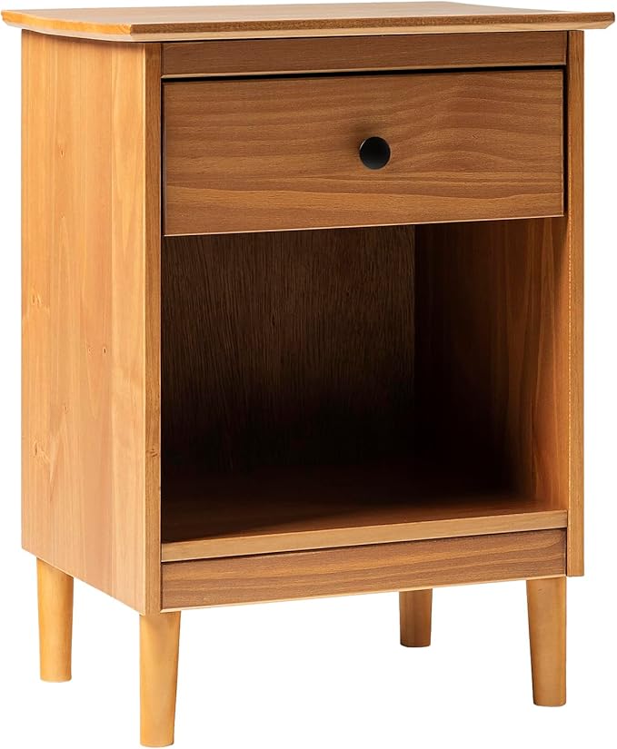 Walker Edison Traditional Wood 1 Drawer Nightstand Side Table Bedroom Storage Drawer and Shelf Bedside End Table, 18 Inch, Caramel