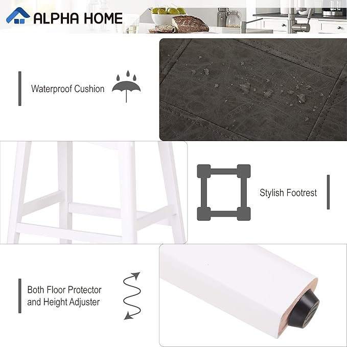 ALPHA HOME Bar Stools Set of 4, Solid Wood Saddle Kitchen Stools with Grey PU Leather Cushion Counter Height Barstools with Wooden Base for Kitchen Dining Cafe, 24 Inch, Grey, 4PCS