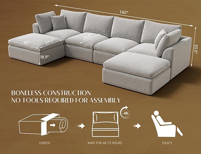 Oversized Cloud Sectional Couches for Living Room, Boneless U Shaped Couch with Ottoman, 4 Seater Modular Sectional Sofa, Light Grey