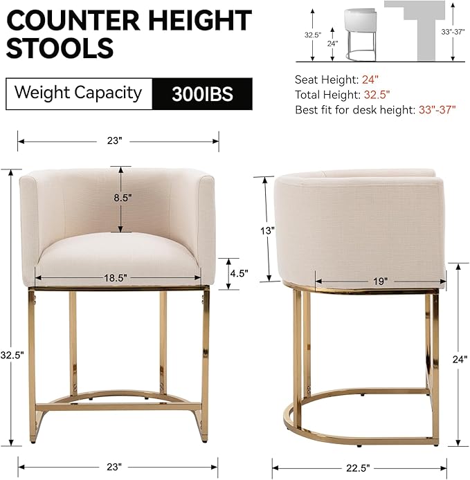 Linen Bar Stools Set of 2, 24" Contemporary Upholstered Fabric Counter Height Bar Stools Kitchen Counter Island Stools Barstools with Golden Metal Base, Cream