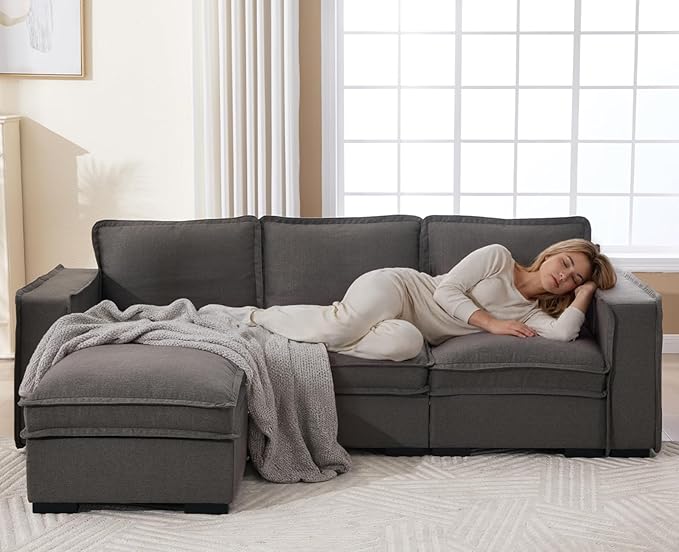 EALSON 93 Inch Modular Sectional Sofa Modern Comfy 3-Seater Couch Sofa Linen Fabric Upholstered Cloud Couches with 24" Deep Seat and Wooden Legs for Bedroom/Living Room/Office, Grey