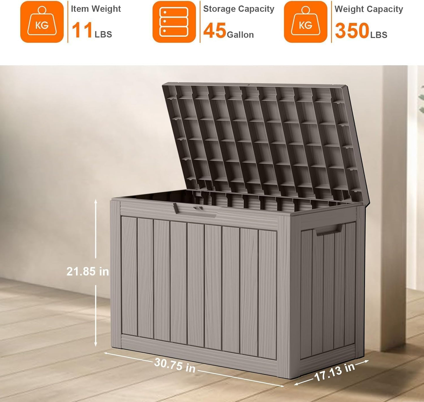 Vixzen 45 Gallon Resin Deck Box, Lockable Outdoor Storage Box for Patio Cushions Storage Furniture,Garden Tools, Pool Supplies, Weatherproof and UV Resistant