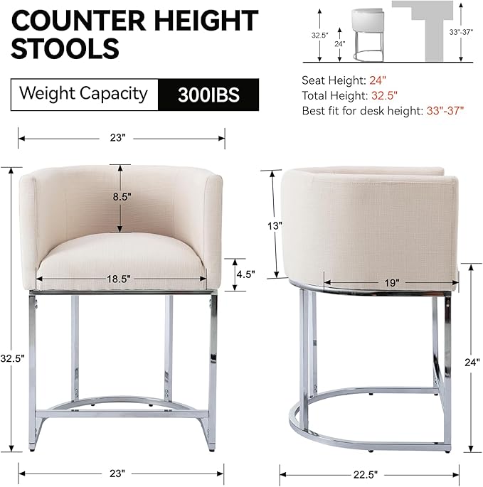 Contemporary Cream Linen Bar Stools Set of 4, 24" Upholstered Fabric Counter Height Barstools Kitchen Counter Island Stools with Screwed Together Chrome Finish Base