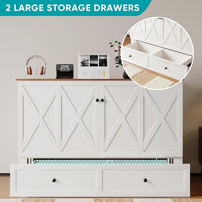 BALUS Full Size Cabinet Bed with Tri-Folding Mattress, 57’W Murphy Bed with USB Charging Station & 2 Storage Drawers, Full Murphy Cabinet Beds for Living Rooom, Apartment, Home Office, Bedroom-White