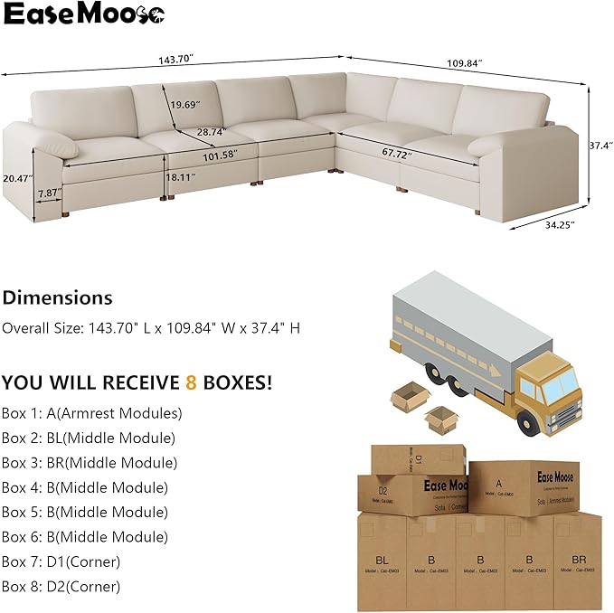 EASE MOOSE Leather Sectional Couch, Oversized Modular Sectional Sofas, Wide Deep Seat Modular Couch, Scratch Resistant Faux Leather Material, L Shaped Sofa for Big Spaces, Beige
