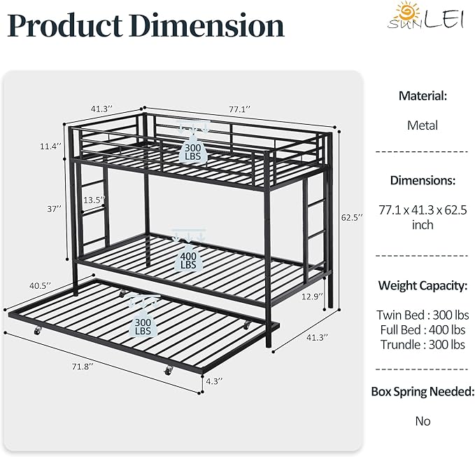 SUNLEI Bunk Bed Twin Over Twins with Trundle, Metal Loft Bed with 2 Secured Ladders, Trundle Beds Twin Safety Guard, Space-Saving, Noise Free for Small Bedroom, Black (Twin Over Twins)