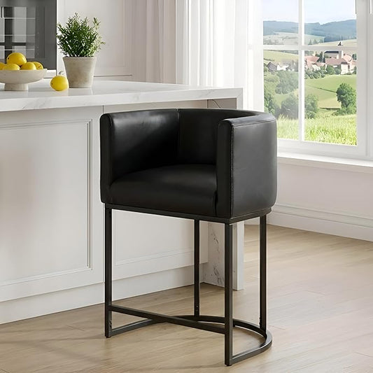 PU Leather Bar Stools, Modern Upholstered Counter Height Bar stools 24" Leather Barstools Barrel Kitchen Counter Island Stools with Black Metal Base, Black