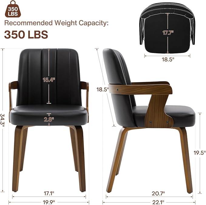 Kitchen Dining Chairs Set of 4, Faux Leather Upholstered Dining Room Chairs with Wood Arms and Legs, Mid Century Modern Kitchen Side Chair for Living, Bedroom, Restaurant, Walnut/Black