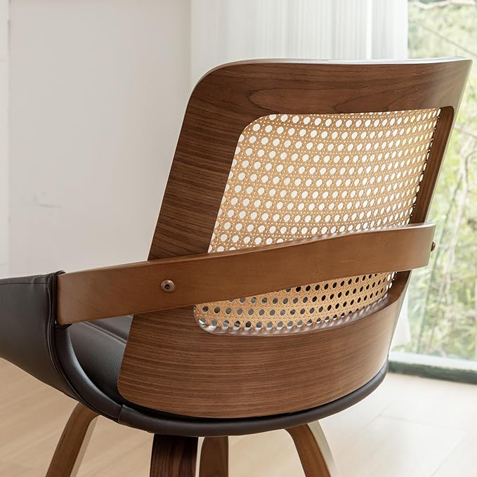 Set of 4 Mid Century Modern Chairs - Swivel Retro Walnut Dining Chairs with Ergonomic Cane Back, Curved Arms, Faux Leather Dining Chairs for Restaurant/Kitchen/Living Room (Walnut Brown)