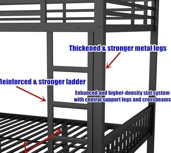 Stronger & Higher Quality Heavy Duty Bunk Bed Queen Over Queen Size Bunkbed, Thickened Safer More Stable Steel Metal Queen Bunk Bed (Faster Assembly) (Queen Over Queen)