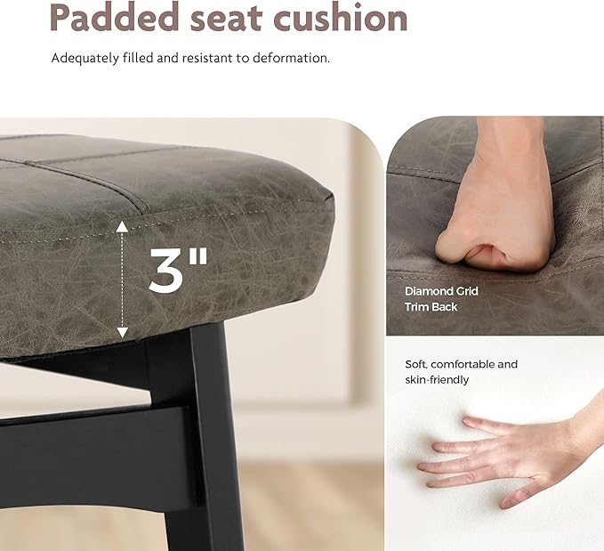 ALPHA HOME Bar Stools Set of 4, Solid Wood Saddle Kitchen Stools with Grey PU Leather Cushion Counter Height Barstools with Wooden Base for Kitchen Dining Cafe, 24 Inch, Grey, 4PCS